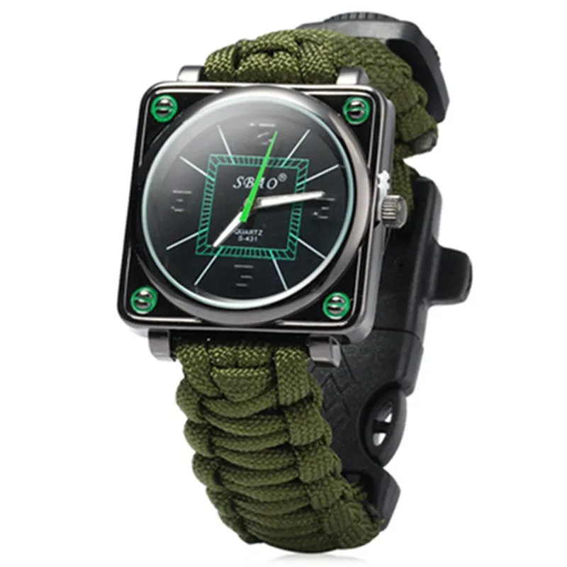 Outdoor Sport Men Watch Survival Gear Escape Cord Emergency Survival Bracelet Wristwatch Rope Flint Whistle Scraper Buckle