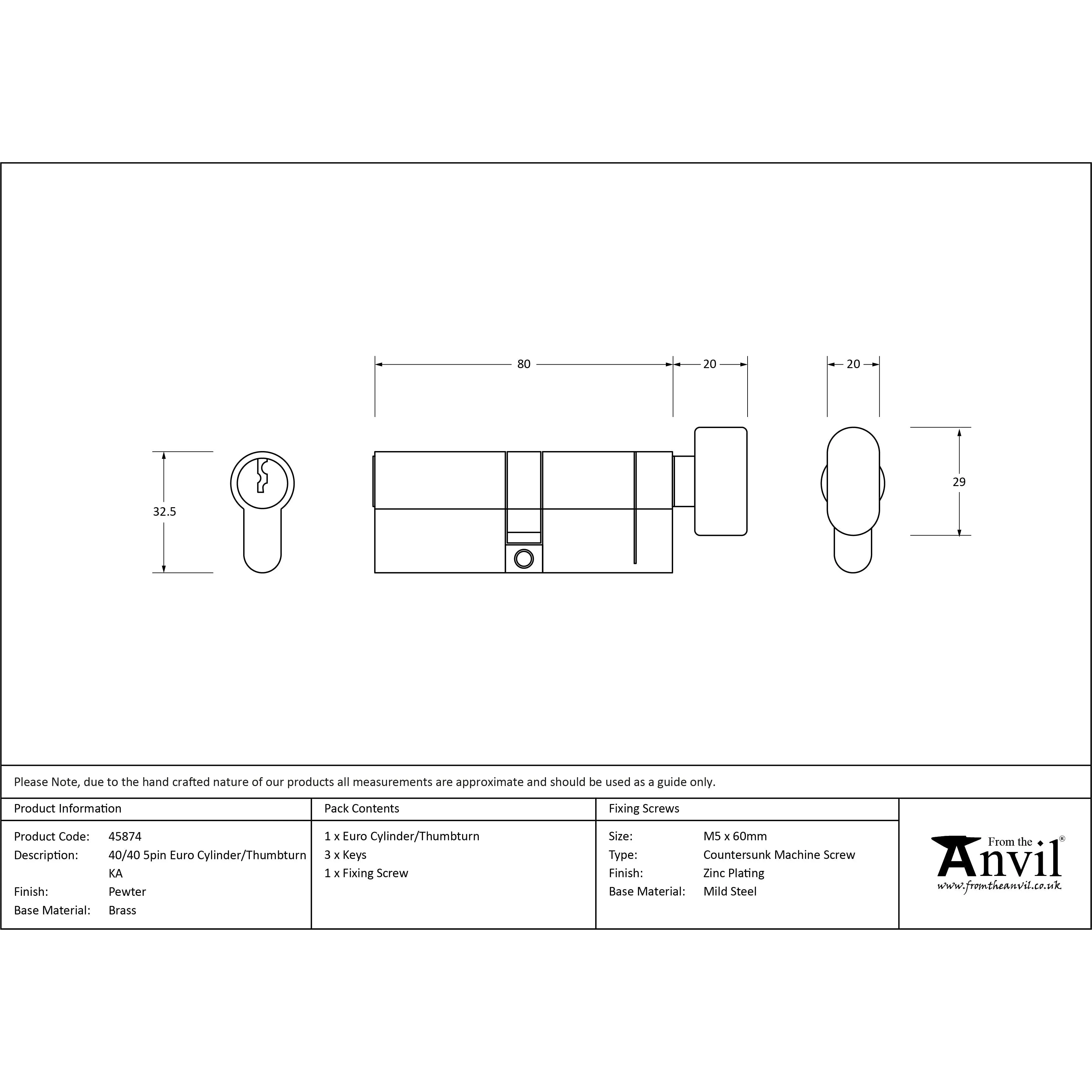 Pewter 40/40 5pin Euro Cylinder/Thumbturn KA | From The Anvil