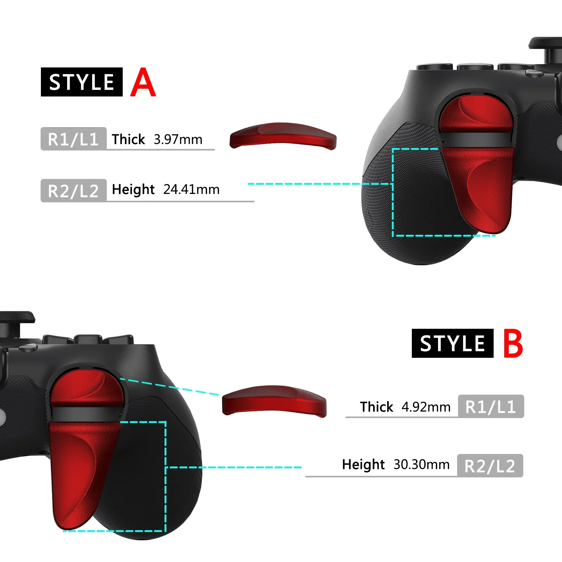 PlayVital 2 Pair Scarlet Red Shoulder Buttons Extension Triggers for PS4 All Model Controller, Game Improvement Adjusters for PS4 Controller, Bumper Trigger Extenders for PS4 Slim Pro Controller - P4PJ004