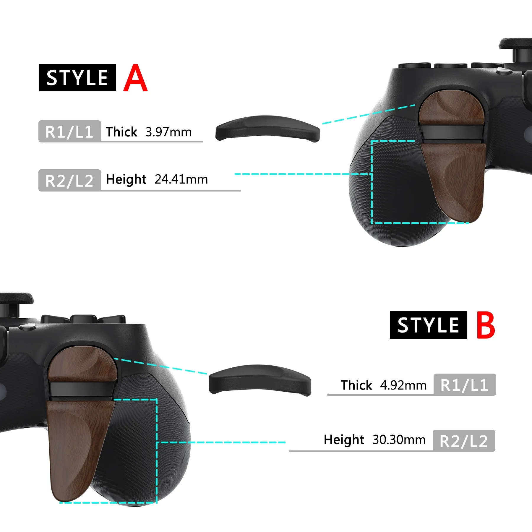 PlayVital 2 Pair Wood Grain Shoulder Buttons Extension Triggers for PS4 All Model Controller, Game Improvement Adjusters for PS4 Controller, Bumper Trigger Extenders for PS4 Slim Pro Controller - P4PJ005