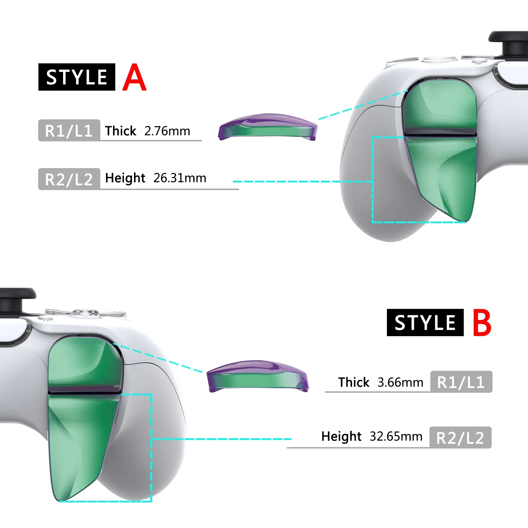 PlayVital BLADE 2 Pairs Shoulder Buttons Extension Triggers for ps5 Controller, Game Improvement Adjusters for PS Portal Remote Player, Bumper Trigger Extenders for ps5 Edge Controller - Chameleon Green Purple - PFPJ086