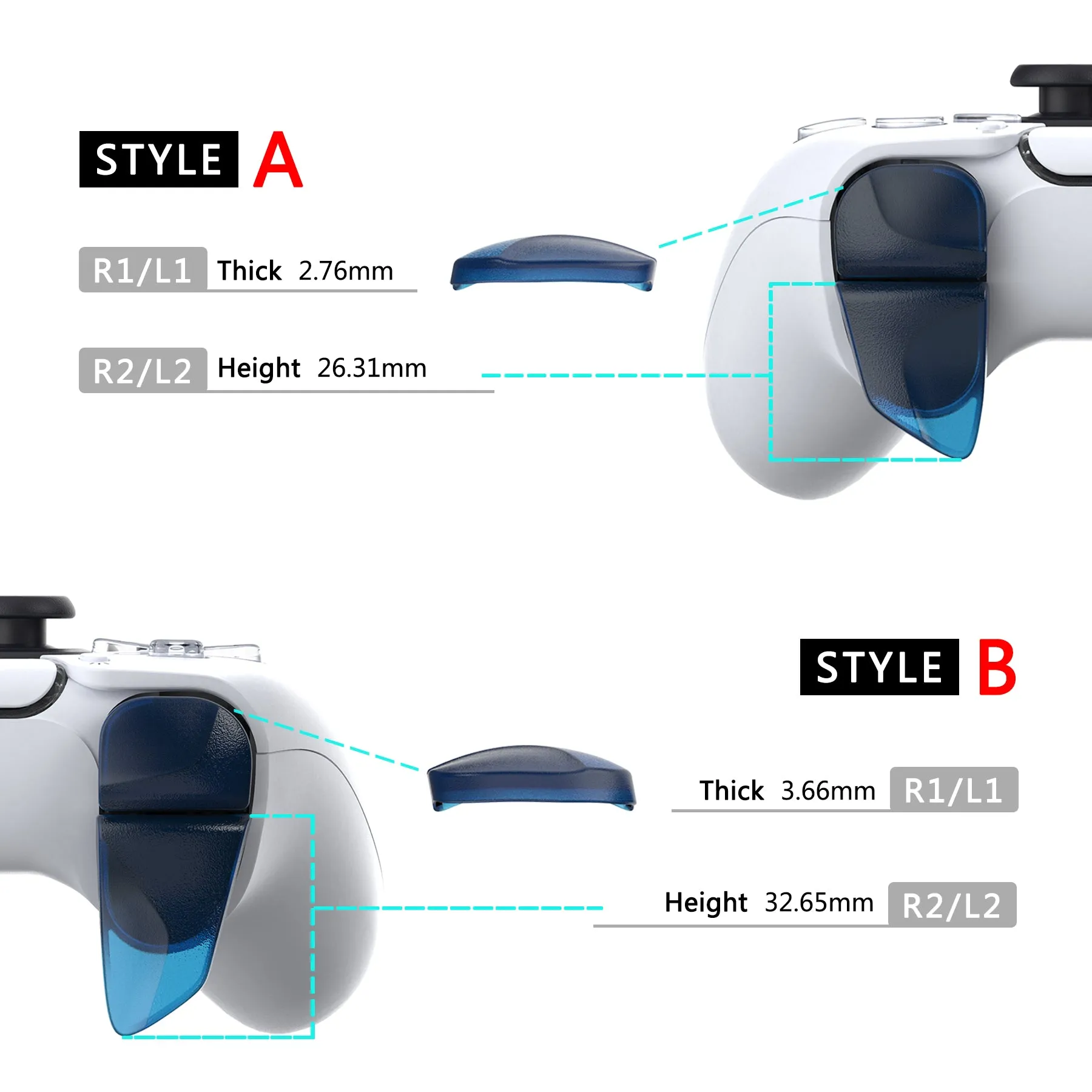 PlayVital BLADE 2 Pairs Shoulder Buttons Extension Triggers for ps5 Controller, Game Improvement Adjusters for PS Portal Remote Player, Bumper Trigger Extenders for ps5 Edge Controller - Clear Blue - PFPJ043