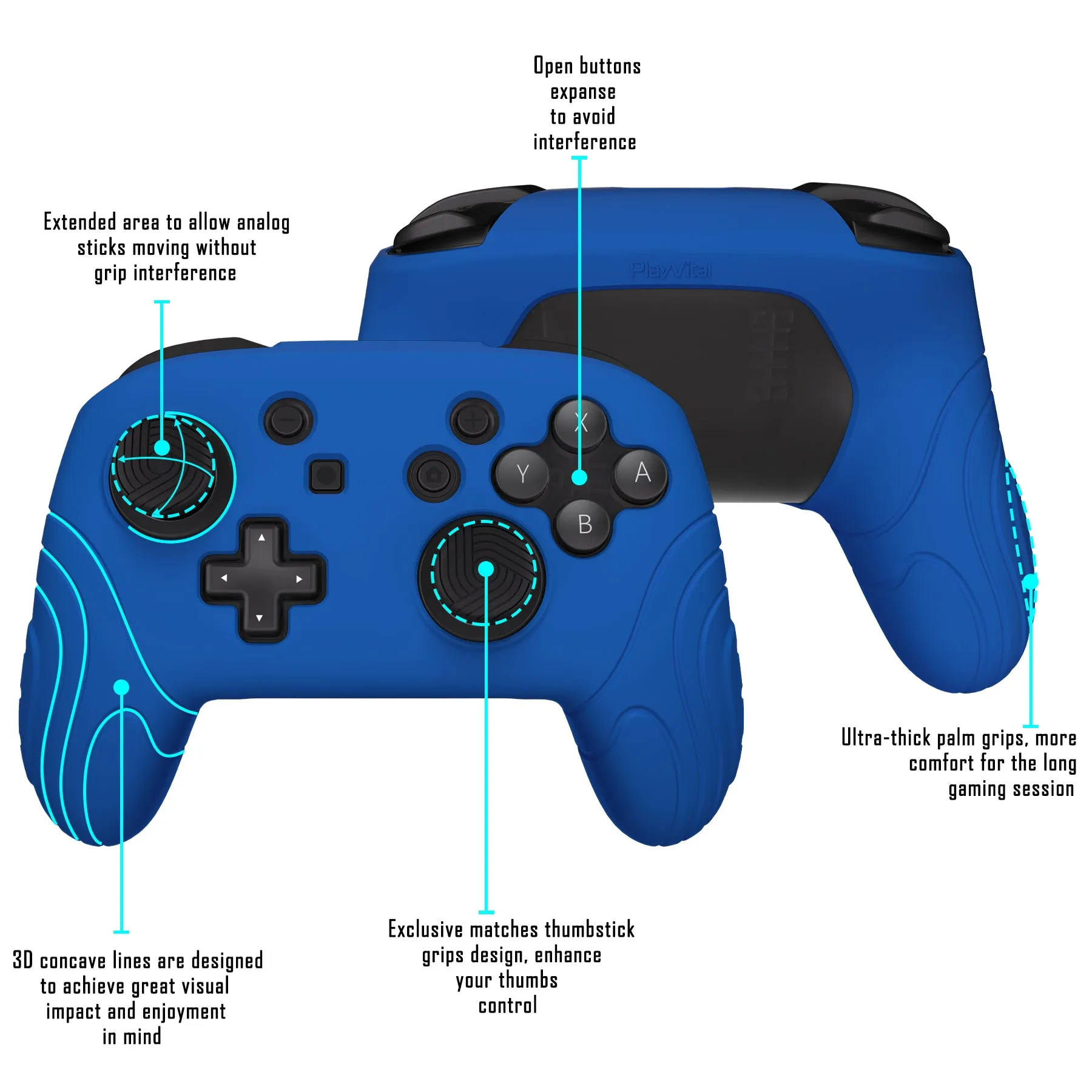 PlayVital Samurai Edition Ergonomic Silicone Skin Protective Case for Nintendo Switch Pro Controller, Soft Anti-slip Controller Grip Protector for Nintendo Switch Pro with Thumb Grip Caps - Blue - EBNPP004