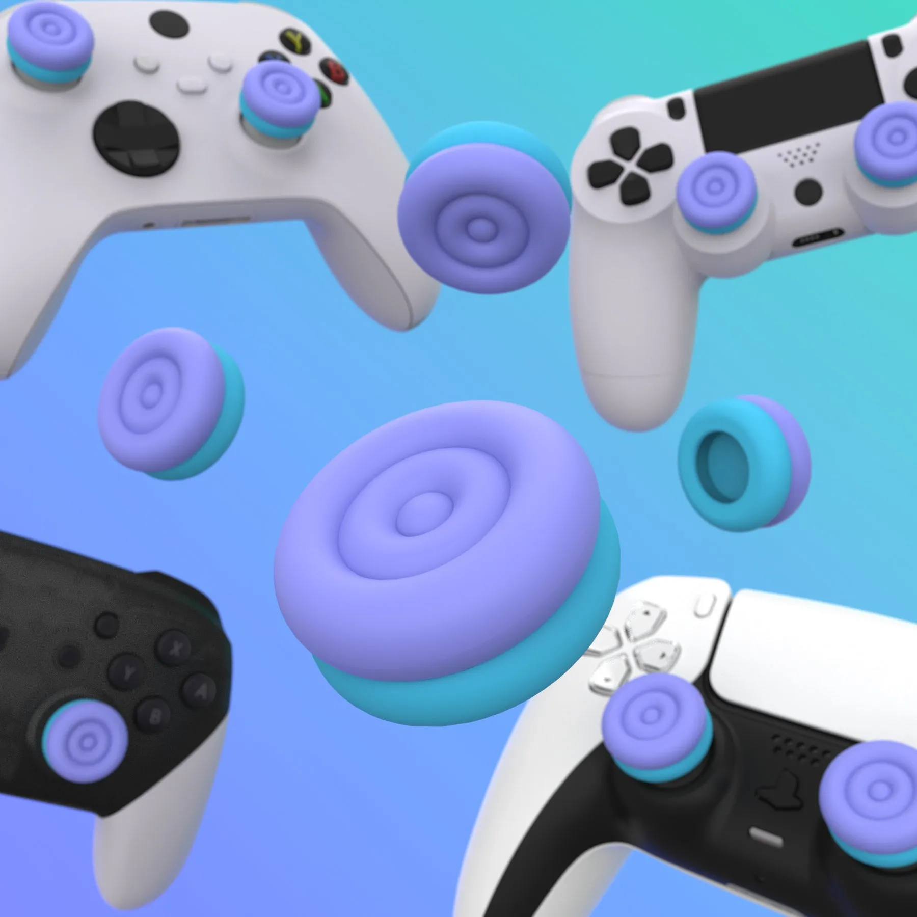 PlayVital Thumbs Cushion Caps Thumb Grips for ps5, for ps4, Thumbstick Grip Cover for Xbox Series X/S, Thumb Grip Caps for Xbox One, Elite Series 2, for Switch Pro Controller - Light Purple & Aqua Blue - PJM3042