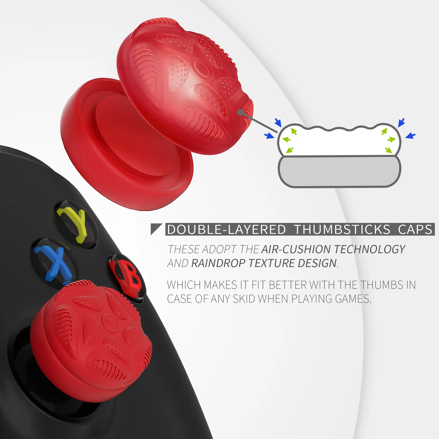 PlayVital Thumbs Cushion Caps Thumb Grips for ps5/4, Thumbstick Grip Cover for Xbox Series X/S, Thumb Grip Caps for Xbox One, Elite Series 2, for Switch Pro Controller - Raindrop Texture Design Passion Red - PJM3035