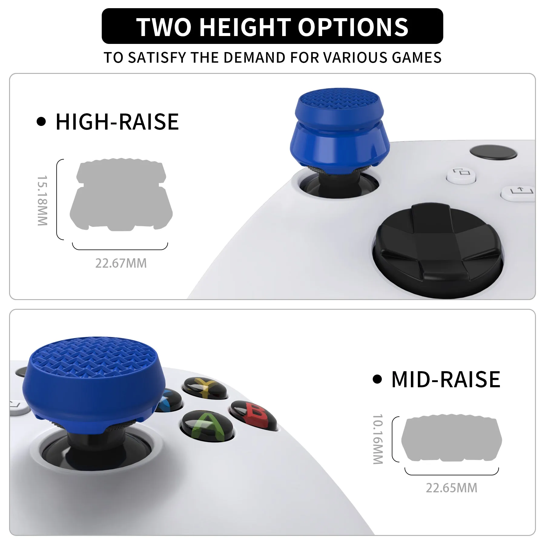 PlayVital Thumbs Pro ARMOR Thumbstick Extender for Xbox Core Controller, for Xbox Series X/S Controller, Joystick Caps Grip for Xbox One Controller - 2 High Raise and 2 Mid Raise Dome - Blue - PJM5011