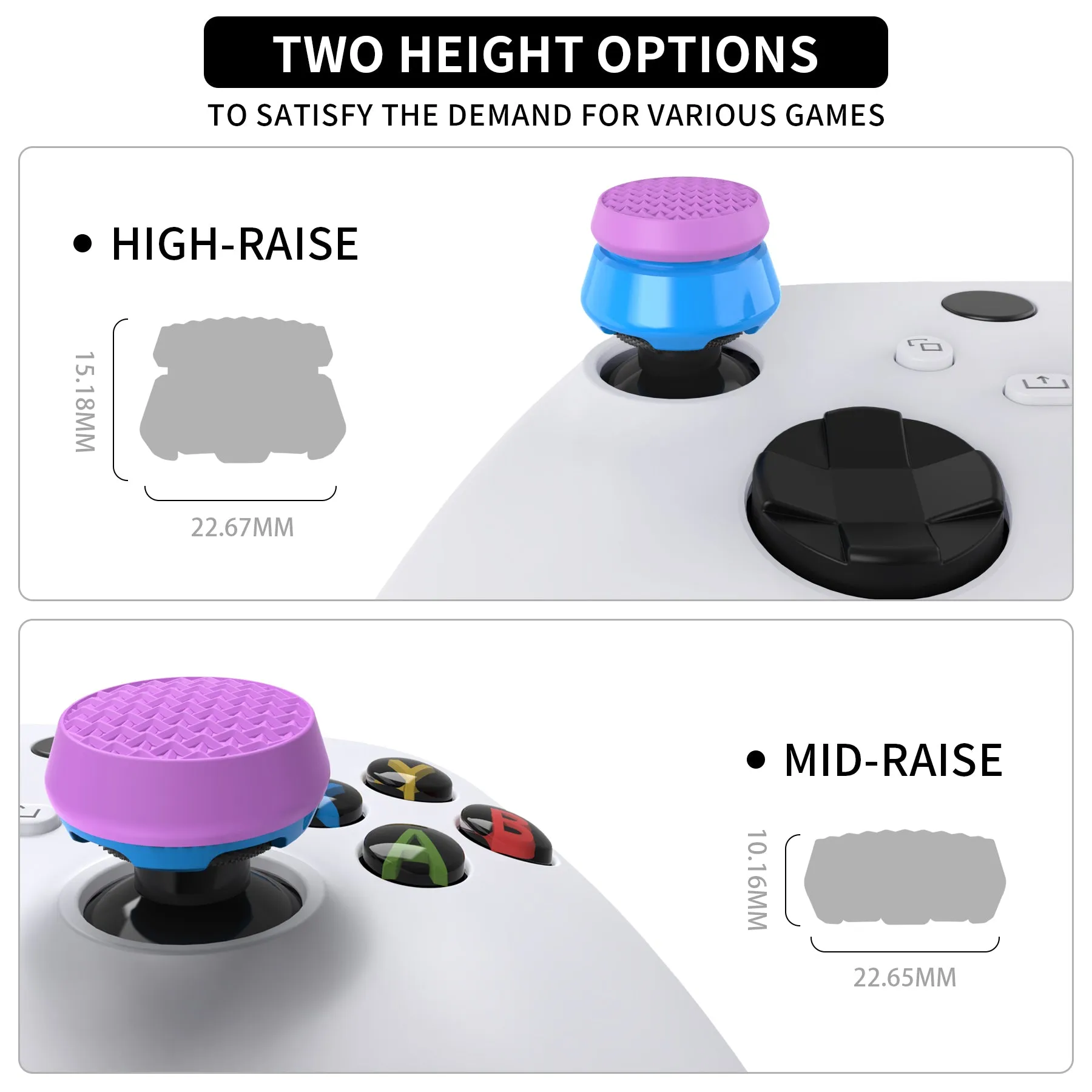 PlayVital Thumbs Pro ARMOR Thumbstick Extender for Xbox Core Controller, for Xbox Series X/S Controller, Joystick Caps Grip for Xbox One Controller - 2 High Raise and 2 Mid Raise Dome - Orchid Purple & Heaven Blue - PJM5004