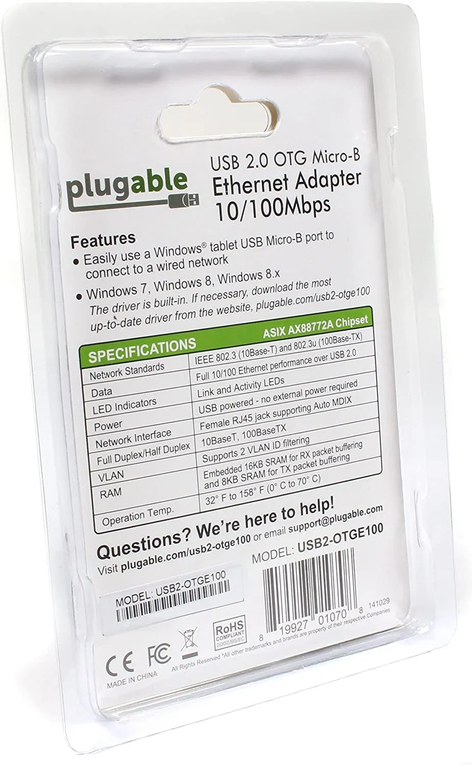 Plugable USB 2.0 OTG Micro-B to 100Mbps Fast Ethernet Adapter Compatible with Windows Tablets, Raspberry Pi Zero, and Some Android Devices (ASIX AX88772A Chipset).