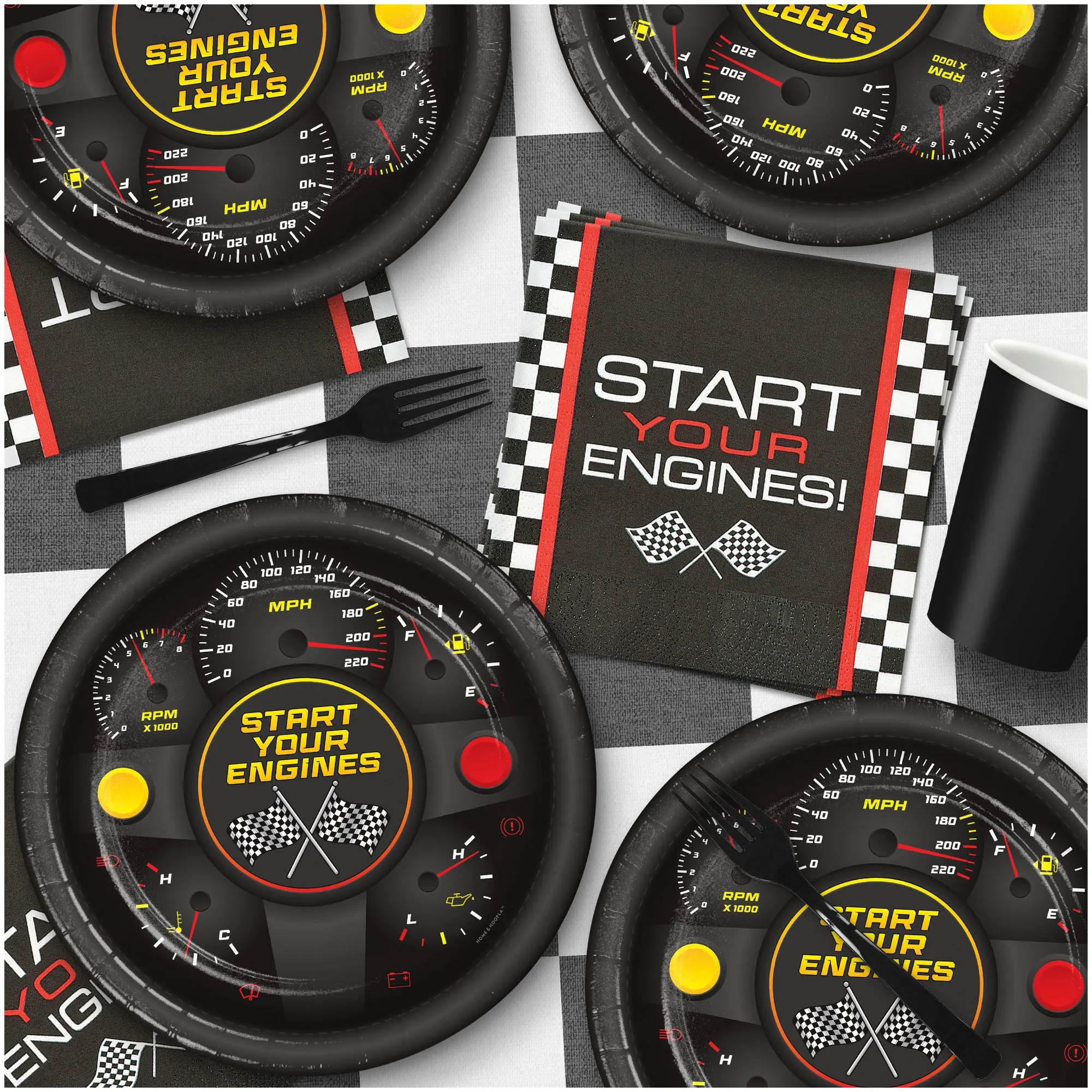 Race Car Party Supplies - Racing Themed Paper Dinner Plates and Checkered Lunch Napkins (16 Plates & Napkins)