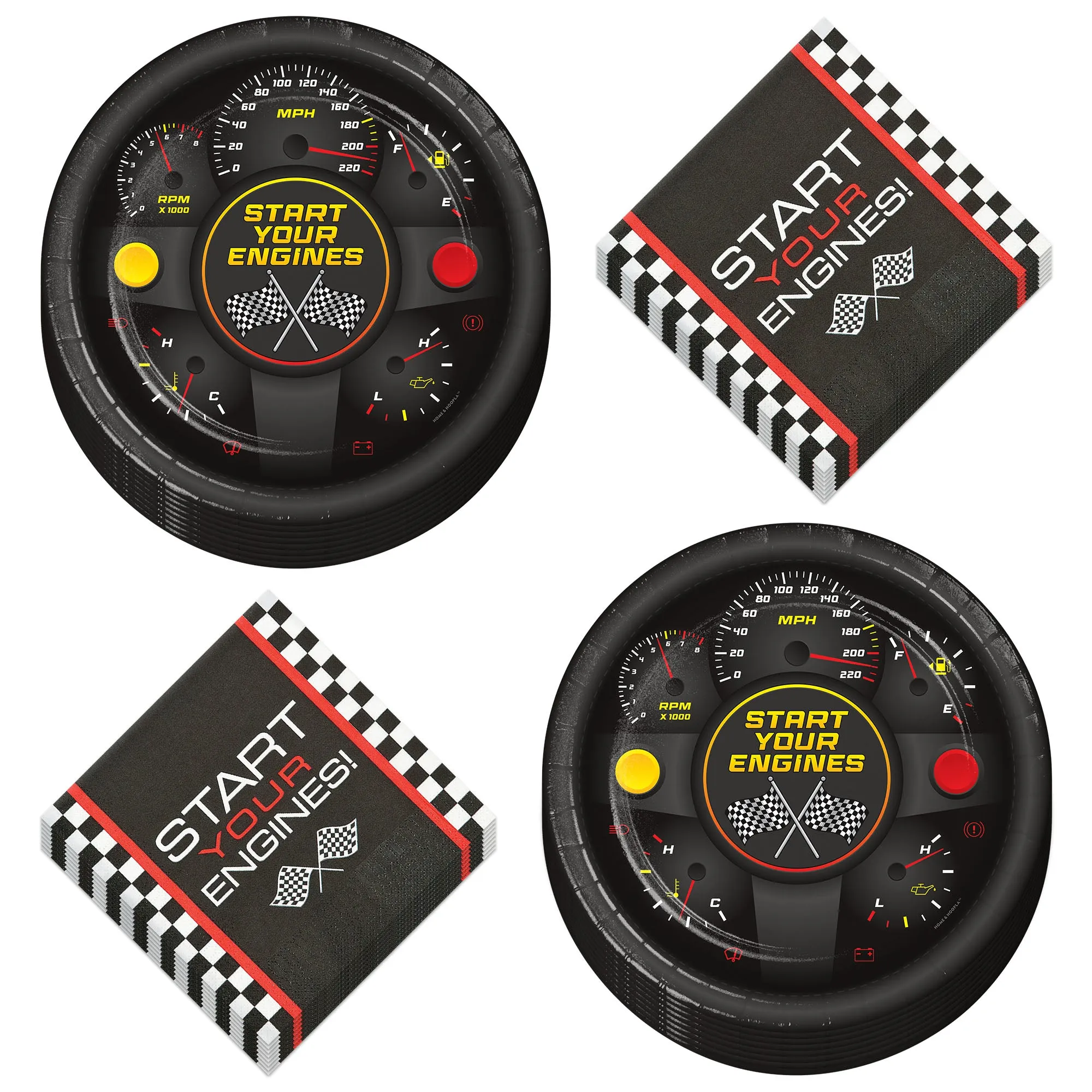 Race Car Party Supplies - Racing Themed Paper Dinner Plates and Checkered Lunch Napkins (16 Plates & Napkins)