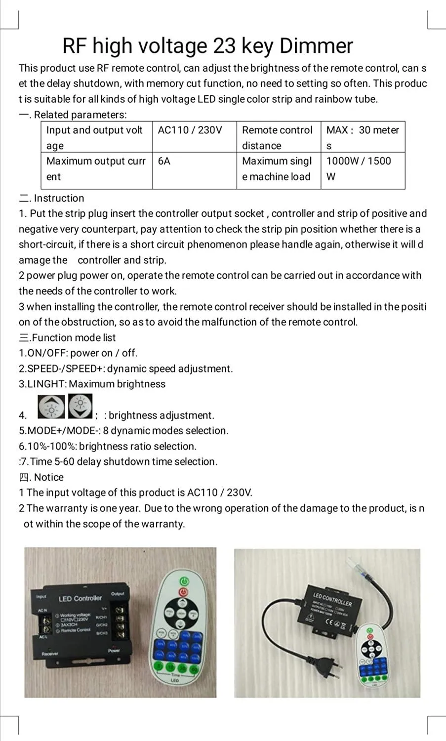 Single Colour Wireless Neon Flex AC 220 240V 8x16mm WIFI Dimmer Controller with 23-Key RF Remote Control 1500W for Brightness Adjustment