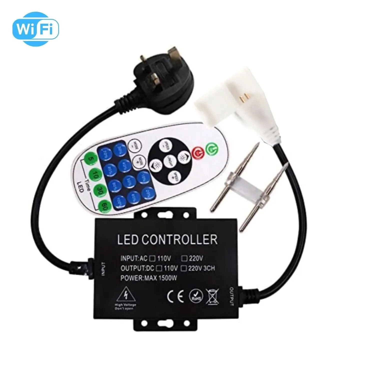 Single Colour Wireless Neon Flex AC 220 240V 8x16mm WIFI Dimmer Controller with 23-Key RF Remote Control 1500W for Brightness Adjustment