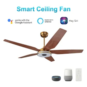 Smart Gold/Wood 5 Blade Smart Ceiling Fan with Dimmable LED Light Kit Works with Remote Control, Wi-Fi apps and Voice control via Google Assistant/Alexa/Siri