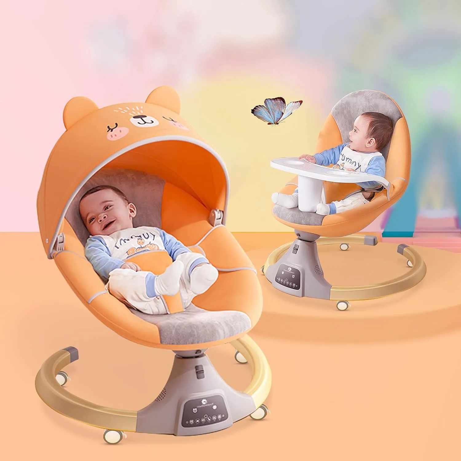 StarAndDaisy 2-in-1 Premium Modern Automatic Swing for Baby with Swivel Wheels, Mosquito Net with | Baby Rocker with Smart Touch Panel & Bluetooth Enabled Music and Remote Control. (Orange)