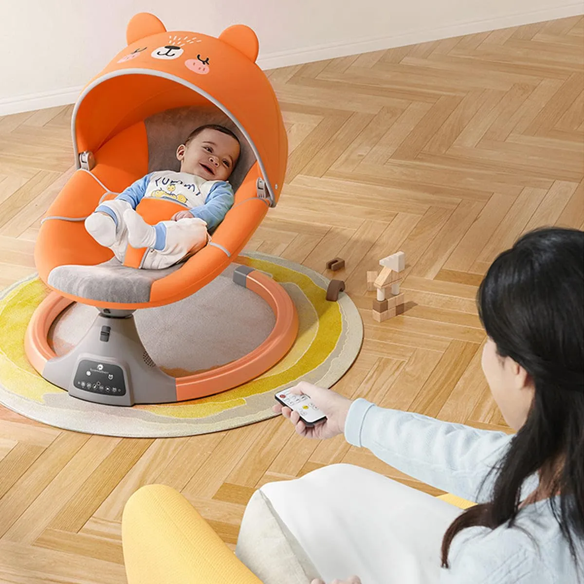 StarAndDaisy 2-in-1 Premium Modern Automatic Swing for Baby with Swivel Wheels, Mosquito Net with | Baby Rocker with Smart Touch Panel & Bluetooth Enabled Music and Remote Control. (Orange)