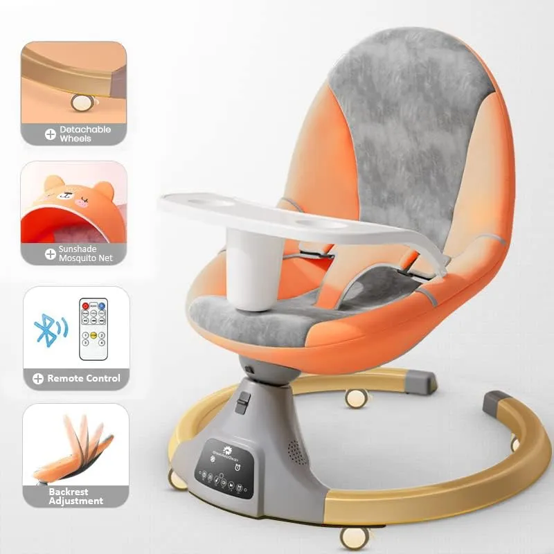 StarAndDaisy 2-in-1 Premium Modern Automatic Swing for Baby with Swivel Wheels, Mosquito Net with | Baby Rocker with Smart Touch Panel & Bluetooth Enabled Music and Remote Control. (Orange)