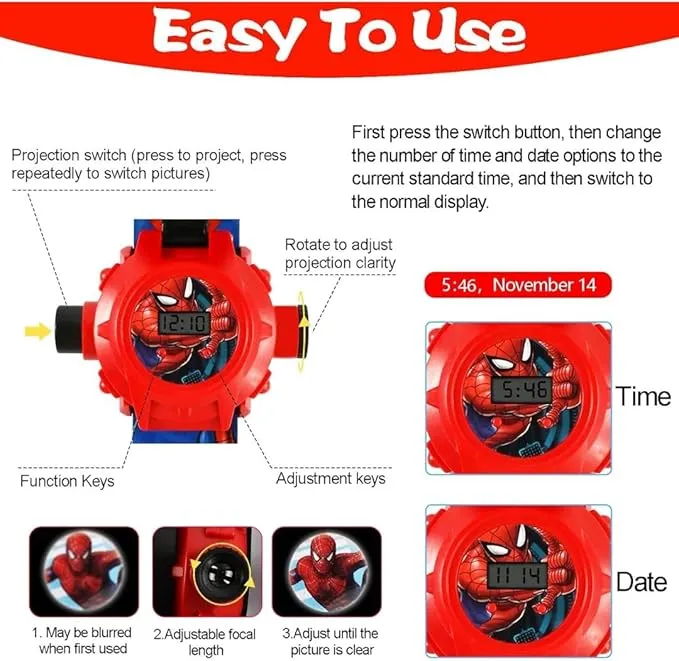 Superhero with 24 Figurines Projector Watch, Boy’s Electronic Watch, Projection Toys, Red