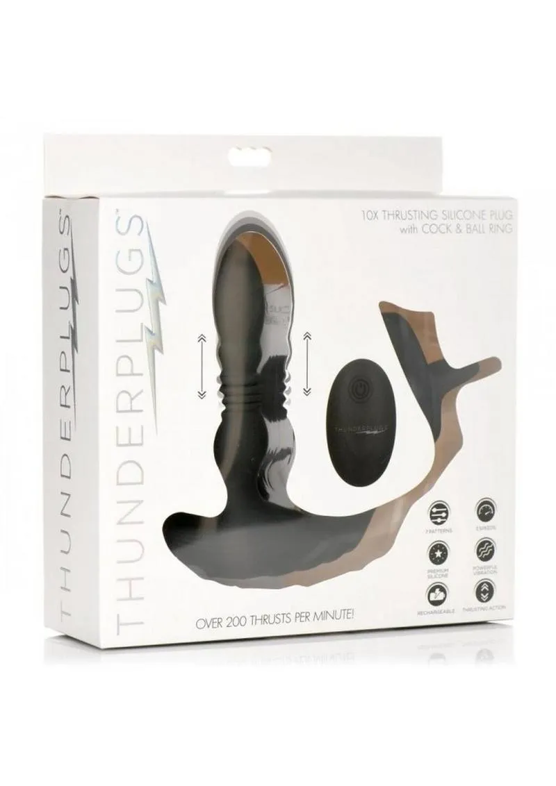 Thunder Plugs Rechargeable 10x Thrusting Silicone Vibrator with Cock and Ball Strap