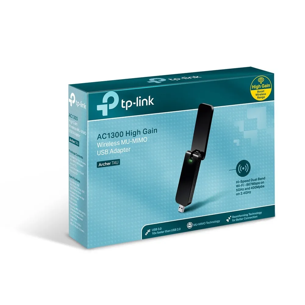 TP-Link Archer T4U AC1300 Wireless Dual Band MU-MIMO USB 3.0 Adapter with 867Mbps at 5GHz, 400Mbps at 2.4GHz Wi-Fi, WPS Button, Beamforming, Supports Ad-Hoc, Infrastructure Mode, Omni Directional Antenna for Windows & macOS