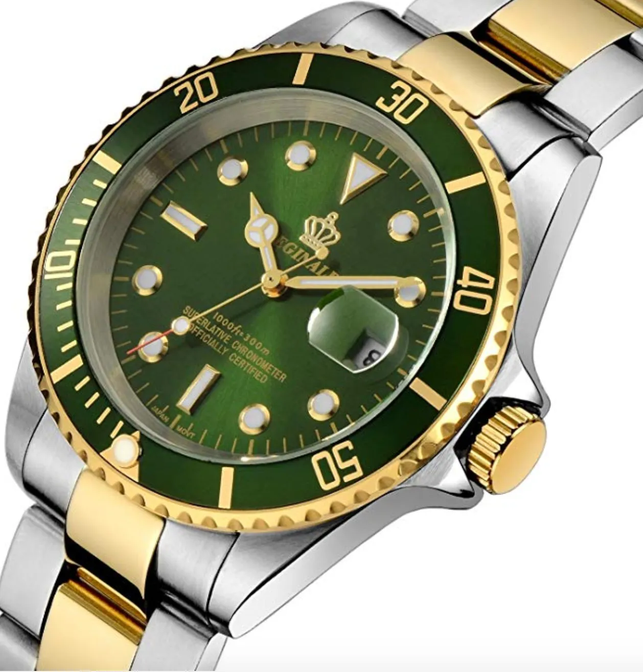 Two Tone Bezel Sapphire Luminous Quartz Silver Gold Green)