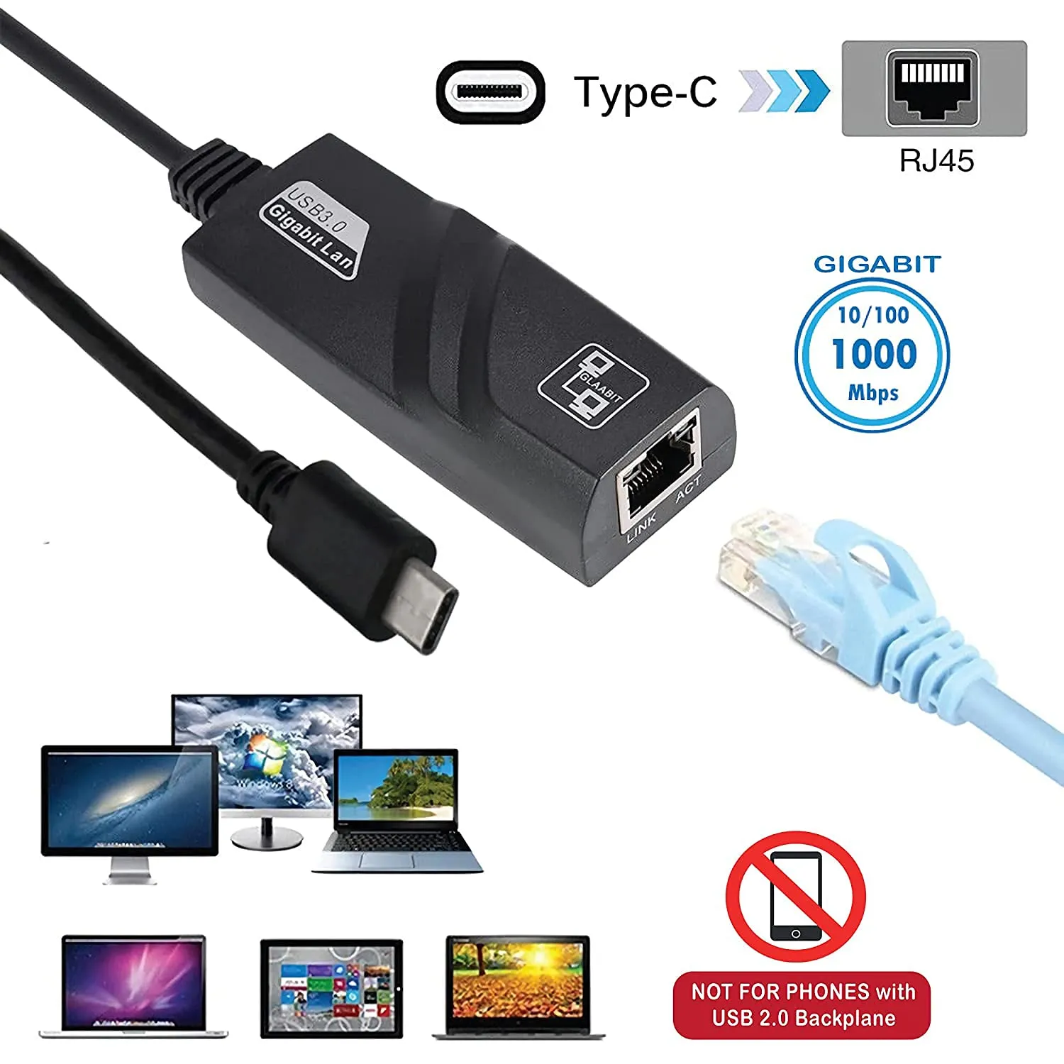 Type-C To Rj45 10/100/1000Mbps Ethernet Network Cable Adapter