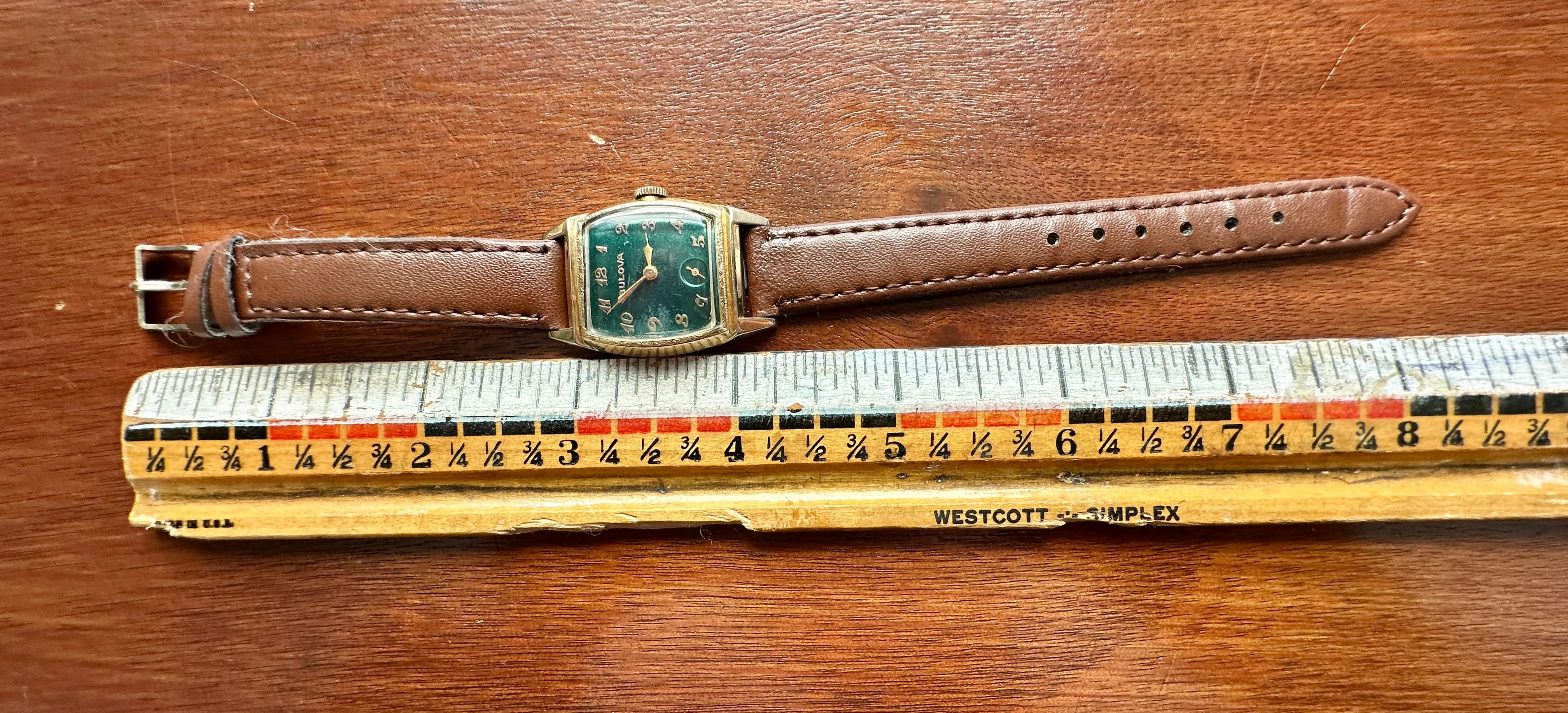 Vintage Bulova Manual Wind Wristwatch Watch Rare Emerald Green Dial Leather Band