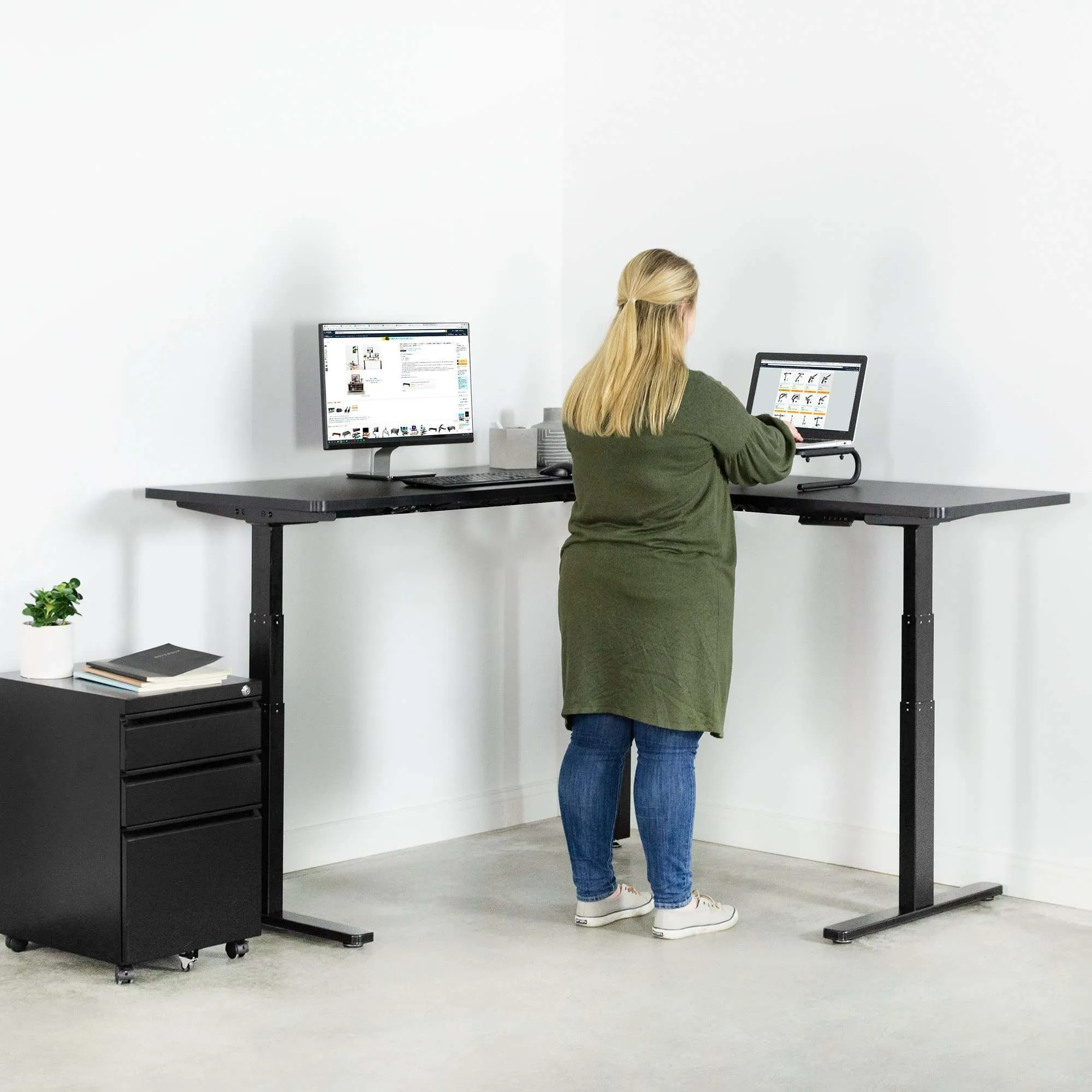 VIVO Black Corner 67" x 60" Electric Height-Adjustable Standing Desk, DESK-KIT-3E6B