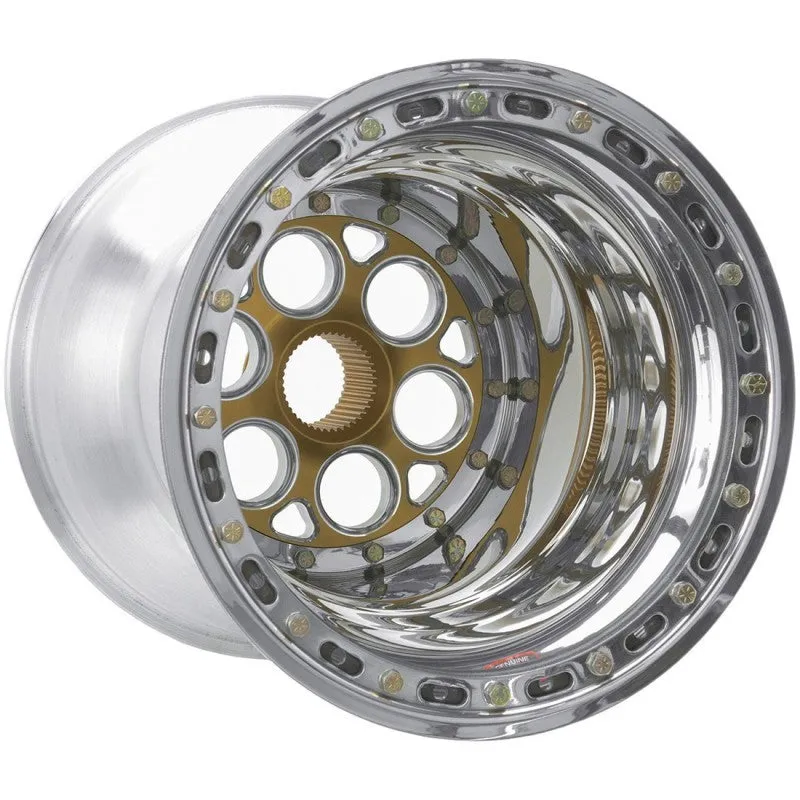 Weld Magnum Sprint Spline Wheel - 15" x 17" - 42 Spline - 7" Back Spacing - Polished - Gold Center - Outer Bead-Loc w/ Cover