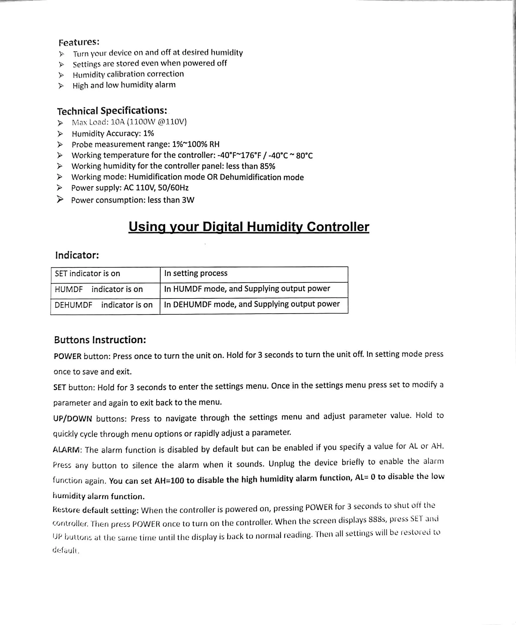 Willhi Humidistat- Humidity Level Controller