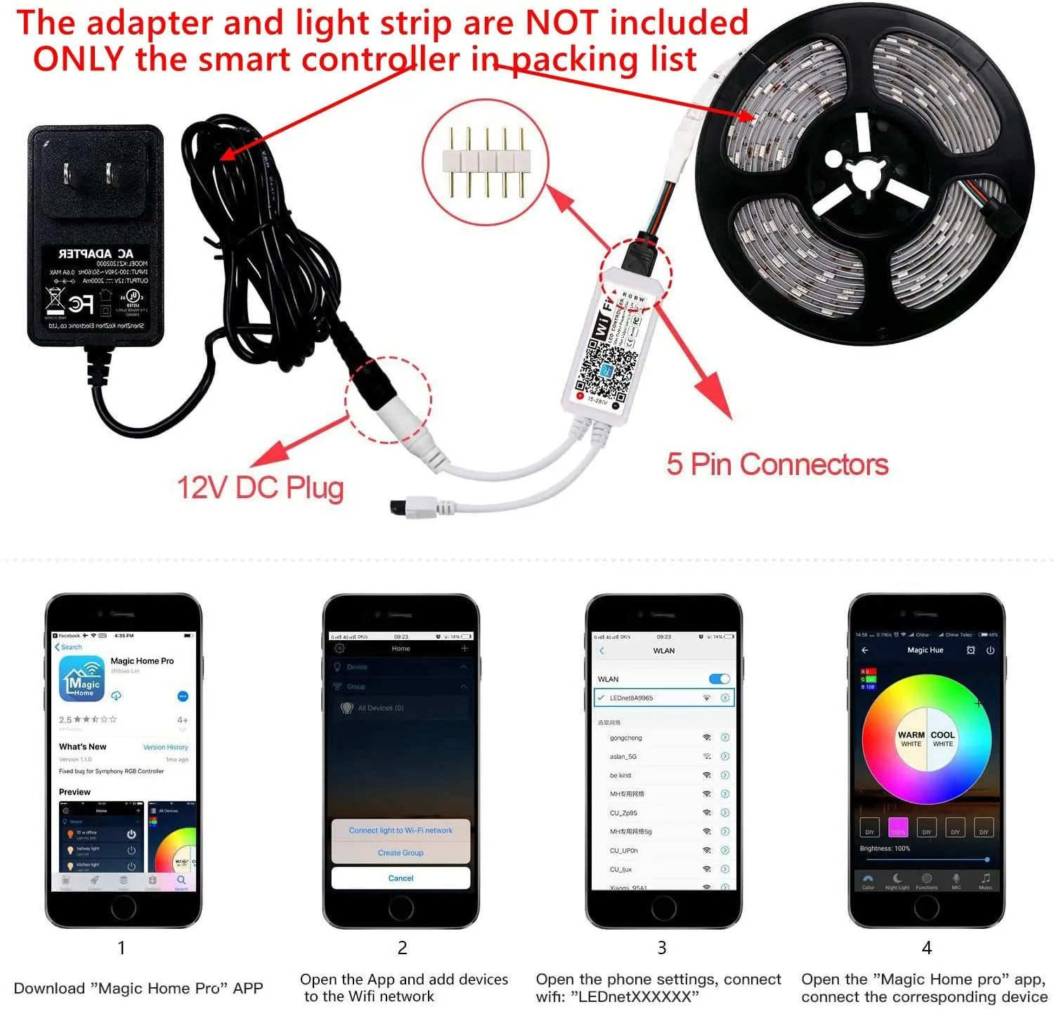 Wireless WiFi Smart Phone APP LED Controller or with 24Key IR Remote Controller for RGBW/RGBWW LED Flexible Strip Lights